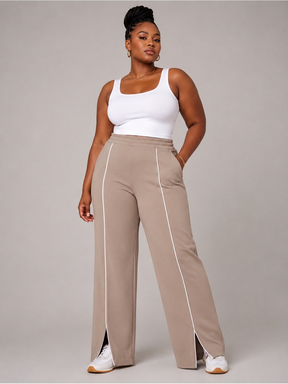 SPANX Taupe Track Pants with White Piping Size Large Tall